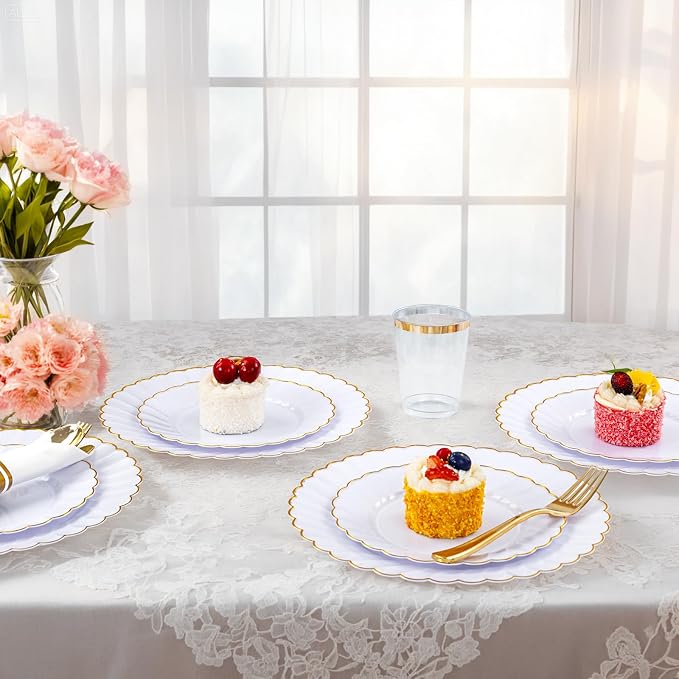 YOUBET 350PCS White and Gold Scalloped Plastic Plates - Image 6