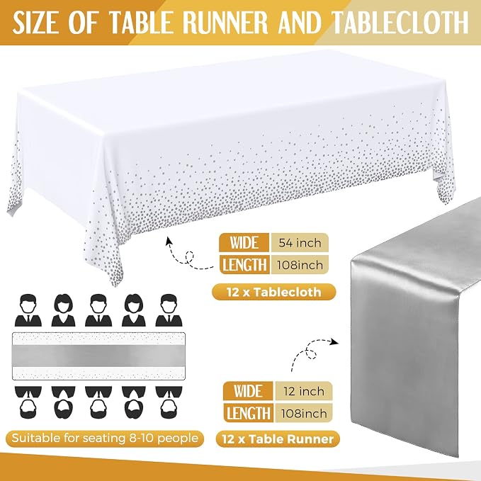 24 Packs White and Silver Disposable Plastic Tablecloths and Satin Table Runner - Image 2
