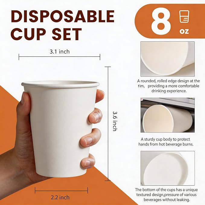 MOUMOULIFE Disposable Paper Coffee Cups 8 oz 1000 Count Bulk, Leak-Proof White - Image 3
