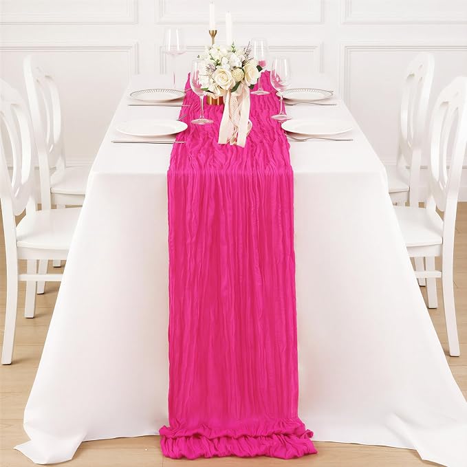 3 Pack Hot Pink Cheesecloth Table Runner 120 Inch Boho Wedding Decor | - Image 4