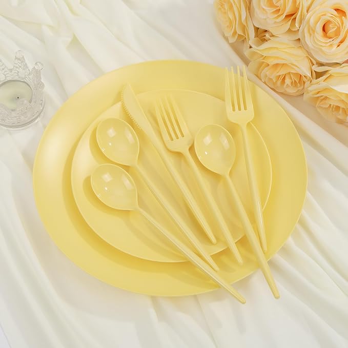 EI 150pcs Yellow Plastic Plates, Heavy Duty Bright Disposable Plate, Fancy - Image 4