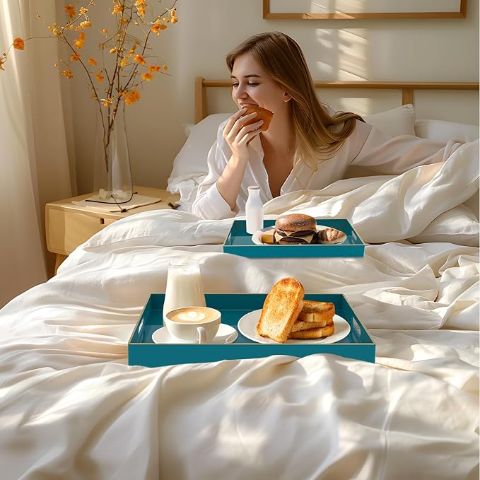 Green Serving Tray with Handles, Plastic Decorative Tray Set of 2 | Decorative - Image 6