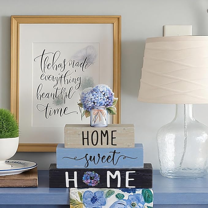 Cinnvoice 4 Pcs Farmhouse Wooden Tabletop Decor Blue Hydrangea Spring Rustic - Image 4