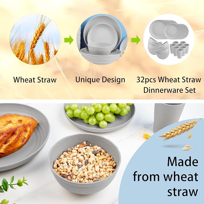 32Pcs Grey Wheat Straw Dinnerware Sets, Unbreakable Dish Set - Image 5