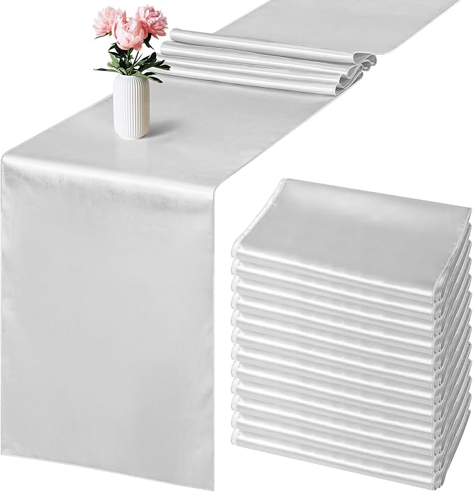 Aneco 12 Pack Satin Table Runner 12 x 108 Inch Light Silver Long Wedding Satin by Aneco