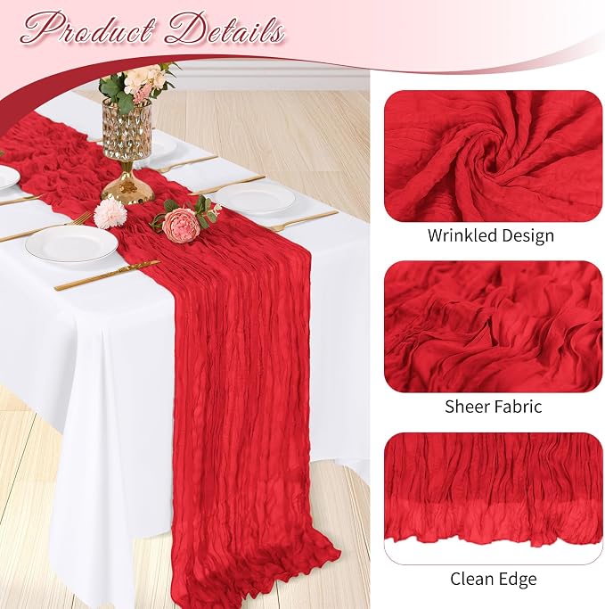 3 Pack Red Cheesecloth Table Runner, 17 x 108 inch, Semi Sheer Boho Cheese - Image 4