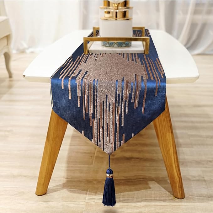 Blue Luxury Table Runner, Modern Geometric Lines, Fancy Ring Tassel | Table - Image 4
