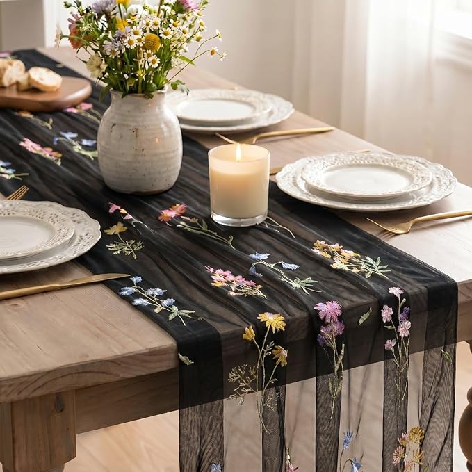 Artoid Mode Wildflower Floral Black Gauze Embroidery Table Runner 120 Inch 10FT - Image 4