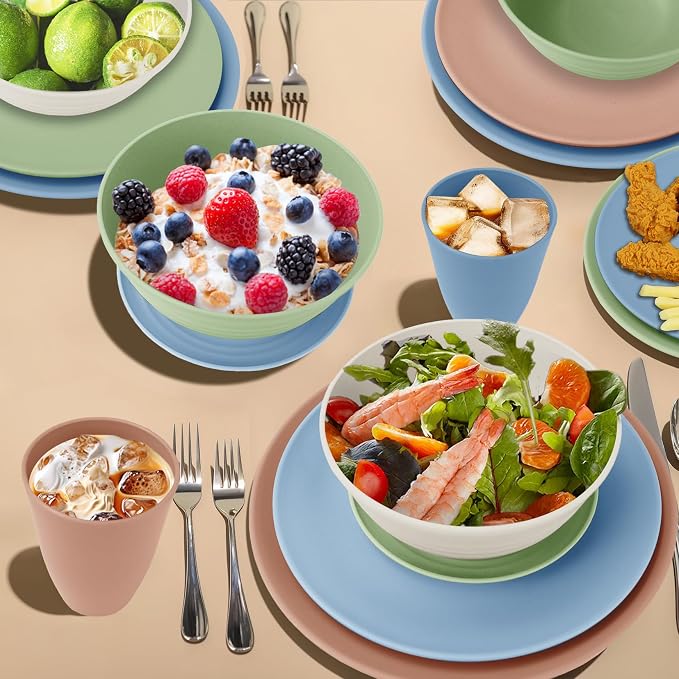 Wheat Straw Dinnerware Sets 40PCS, Unbreakable Plates and Bowls Sets Service - Image 5