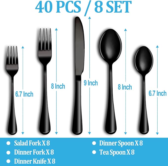 40 Pcs Black Silverware Set, Stainless Steel Flatware Set Service - Image 2