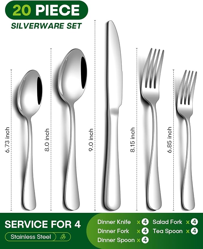 PHILIPALA 20 Piece Silverware Set, Stainless Steel Flatware Set - Image 2