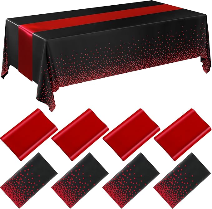 8 Pack Black and Red Disposable Plastic Tablecloths and Satin Table Runner Set by Breling