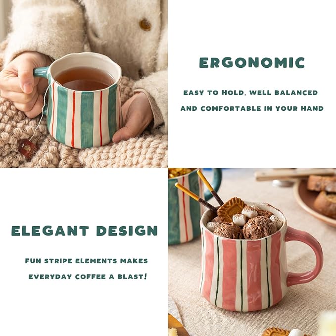 Stripe Ceramic Coffee Mugs, 12oz Vibrant Striped Red and Green Alternating - Image 4