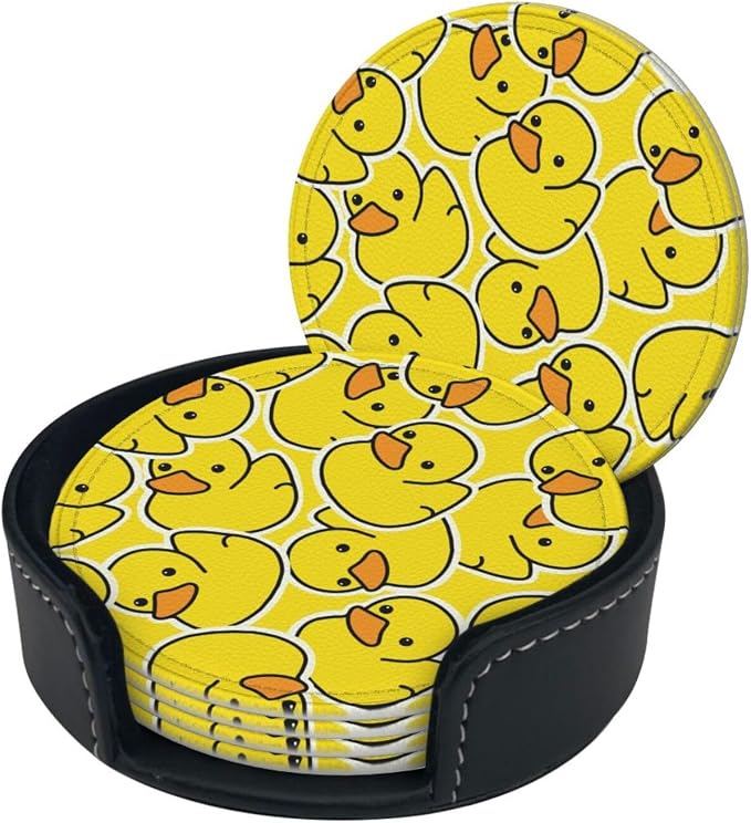 Drink Coasters with Holder Stand Set of 6 Yellow Ducks Pattern Drawing Pu - Image 8