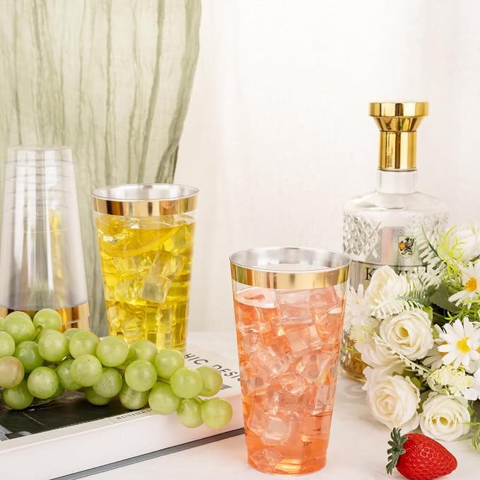 I00000 16 oz Gold Plastic Cups, 100 Pack Clear Plastic Cups Tumblers Gold - Image 2