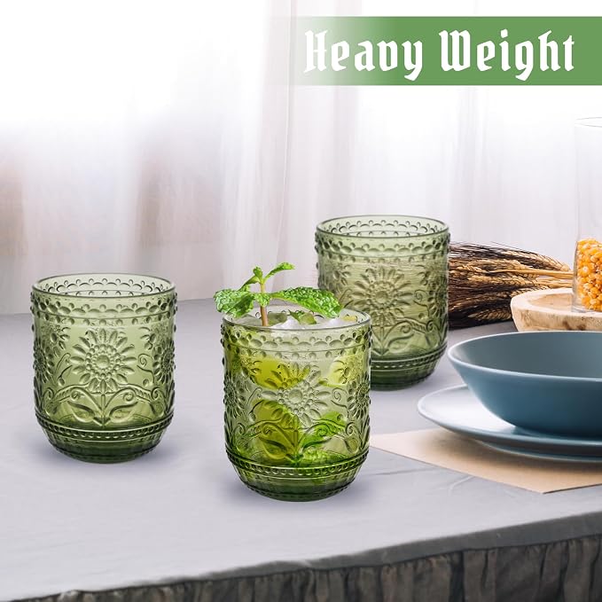 Topsky Vintage Drinking Glass Set of 4, 12 oz Embossed Floral Drinkware Set - Image 3