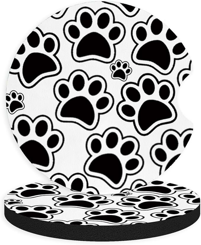 2pcs Black Dog Paw Print Car Coasters, Absorbent Universal neoprener Cup Holder by Unknown