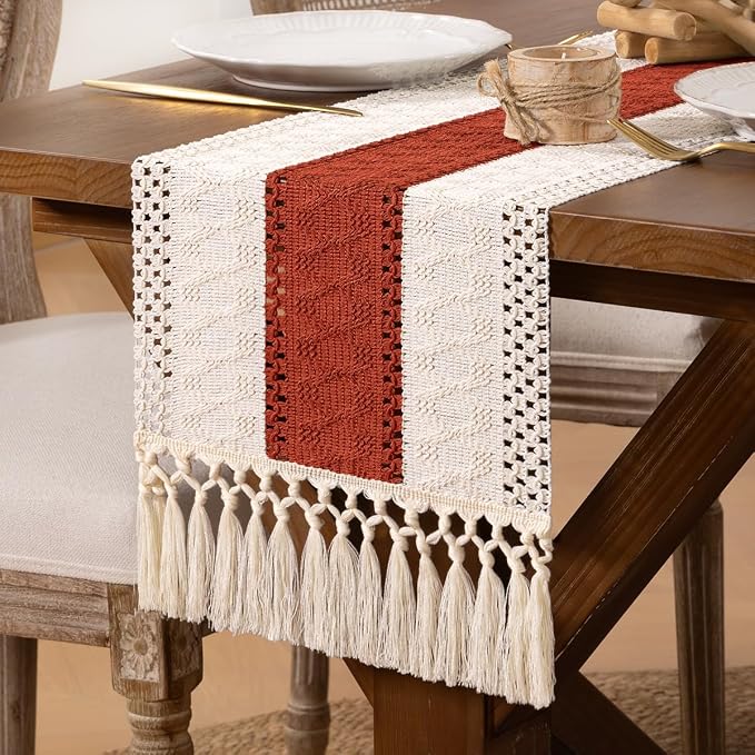DeZerlor Boho Macrame Table Runner Terracotta Spring Easter Farmhouse Woven - Image 7