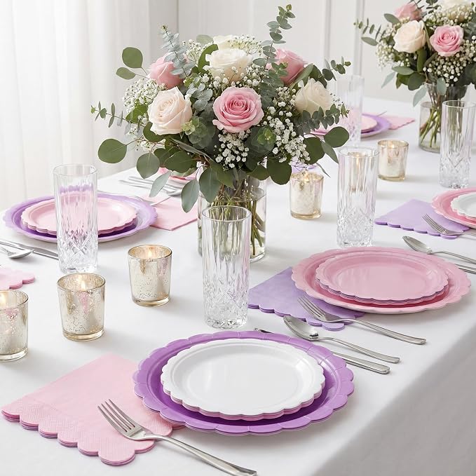 110 Pcs Pink Purple Plates and Napkins Tableware Set Serve 25 Guests Includes - Image 4