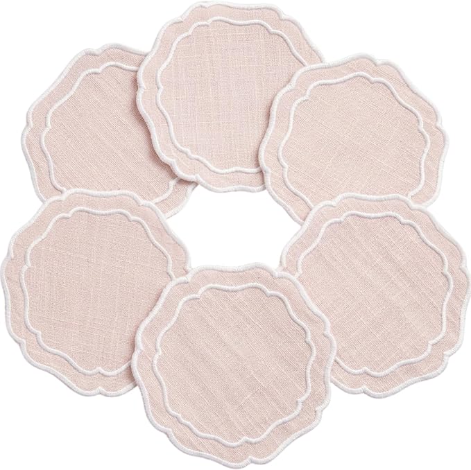 Linen Coasters for Drinks, 4.5 inch, Scalloped Edge, Reusable Handmade Coffee by EmbroideryLinenVN