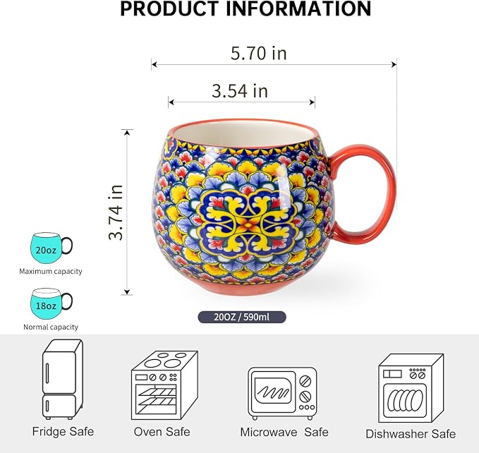 HENXFEN LEAD Large Boho Ceramic Coffee Mugs Set of 6, 20 oz | Assorted Patterns - Image 2