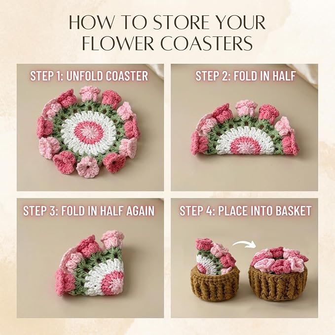 Handmade Crochet Flower Coaster Set, Soft Absorbent Non-Slip Drink Coasters - Image 3