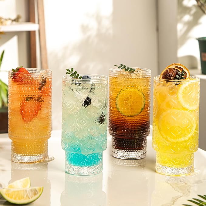 Drinking Glasses Set of 4, 16oz Textured Flower Design Cocktail Glasses - Image 9
