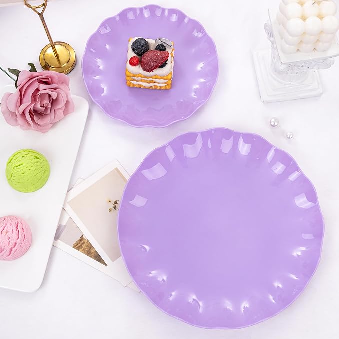 LIYH 24pcs Purple Plastic Plates Reusable, Unbreakable Dinner Plates, Scalloped - Image 5