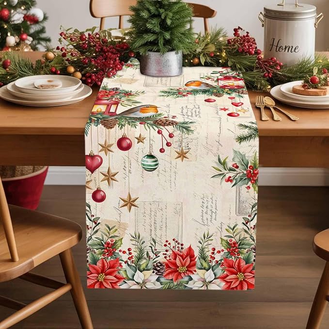 Christmas Poinsettia Table Runner 72 Inches Long, Winter Xmas Balls Birds Table - Image 2