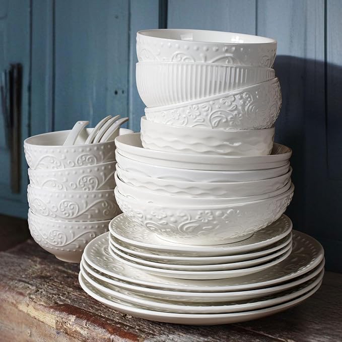 Ceramic Cereal Bowls 26 oz, Embossment Soup Bowls Set of 4, Dishwasher - Image 7