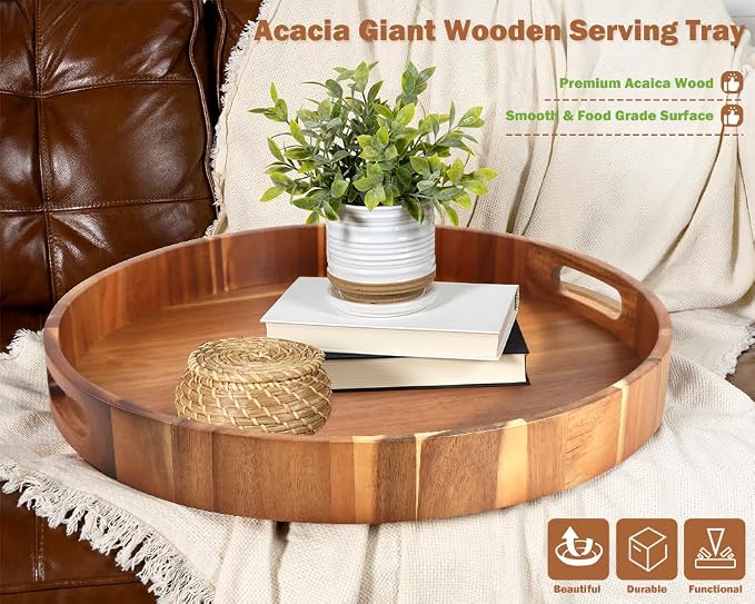 Extra Large Round Serving Tray, Heavy Duty Acacia Wood Trays - Image 4