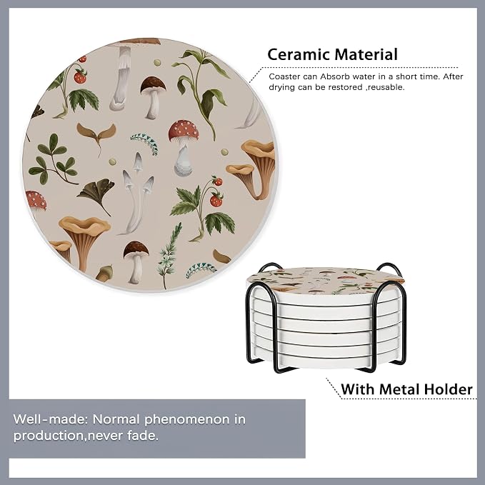 6 Pcs Coasters for Drinks with Holder, Retro Mushrooms Berries and Bugs - Image 5