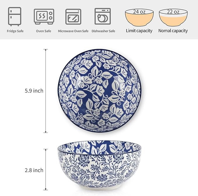 Selamica Ceramic Cereal Bowls Set of 6, 24 Oz Deep Soup Bowls - Image 2