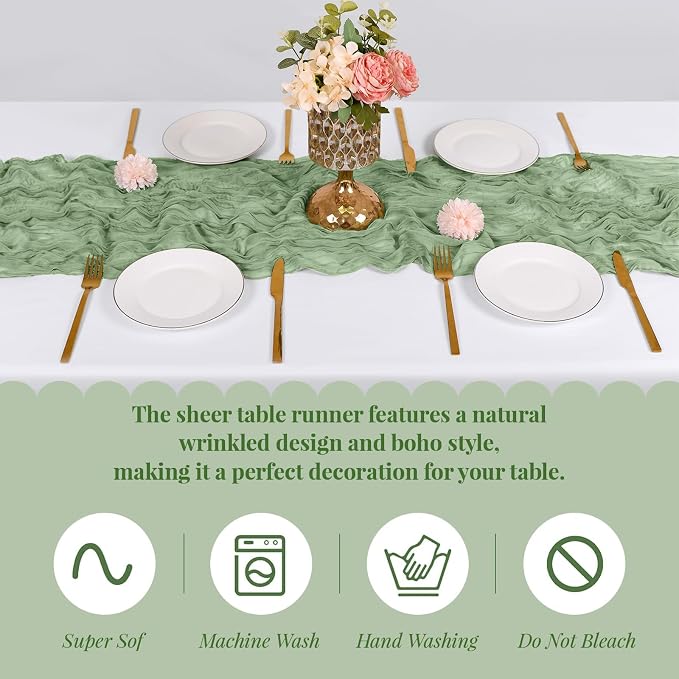 3 Pack Sage Green Cheesecloth Table Runner, 17 x 108 Inch, Gauze Cheese Cloth - Image 5