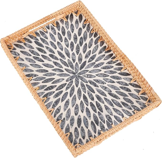 Rectangle Rattan Tray with Mother of Pearl Inlay, Rattan Serving Tray with by Tynulox
