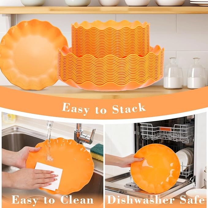LIYH 50 Pcs Orange Scalloped Plastic Plates, Unbreakable Dishwasher Safe | BPA - Image 5