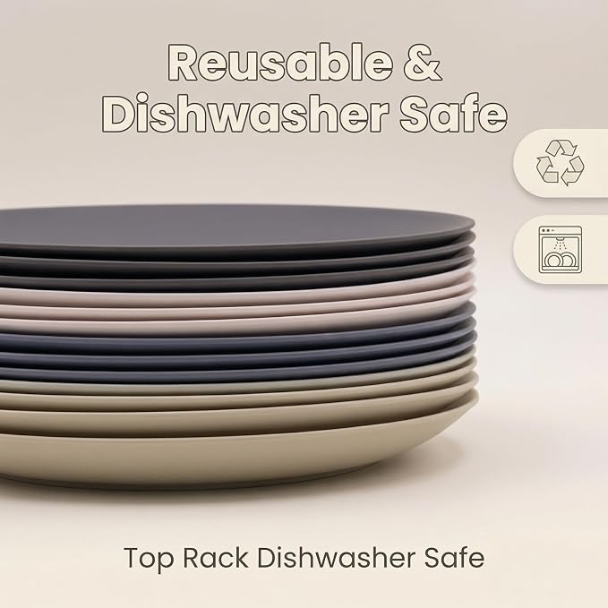 AOYITE 10 inch Plastic Plates Reusable Set 12, BPA Free Kid Plate Grey Tone | - Image 3