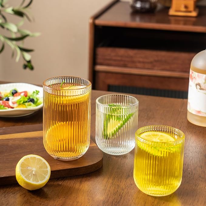 Ribbed Drinking Glasses 8pcs, Rocks Drinking Glasses 12oz and 10oz, Tumbler - Image 4