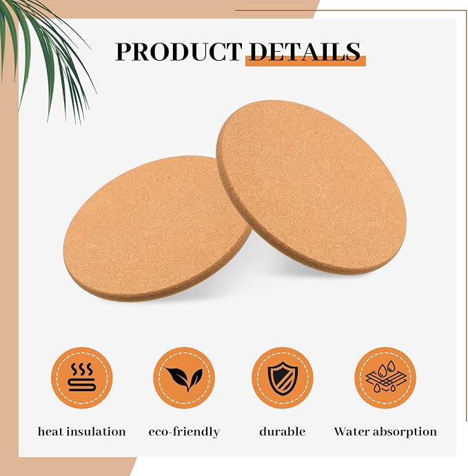 Boao 12 Pcs 6 Inch Round Absorbent Cork Coasters Wooden Cork Plant Coasters - Image 3
