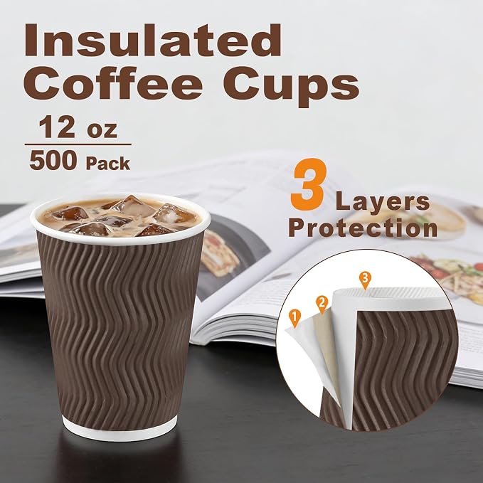 BYSNOW 500 Pack 12 oz Coffee Cups, Insulated Disposable Hot Paper Cups | - Image 2