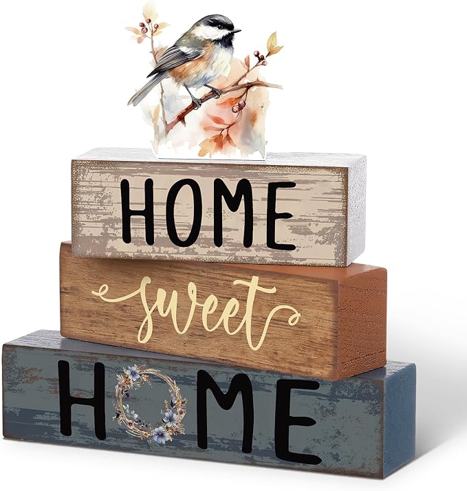 Cinnvoice 4 Pcs Spring Chickadee Wooden Block Decor Farmhouse Tiered Tray Signs by Cinnvoice
