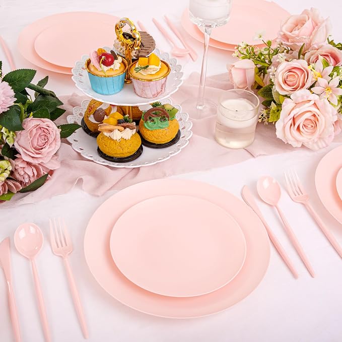 EI 150pcs Pink Plastic Plates Pink Disposable Heavy Duty Plastic Plates - Image 5