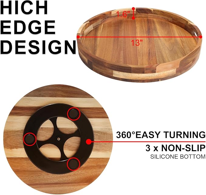 Acacia Wooden Lazy Susan for Table Top-12 Inch Wooden Lazy Susan Turntable - Image 2
