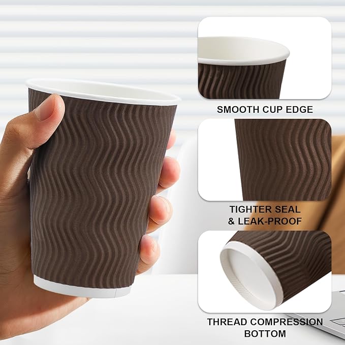 Clawsoff 500 Pack 12 oz Insulated Disposable Paper Coffee Cups Brown | Thick - Image 3
