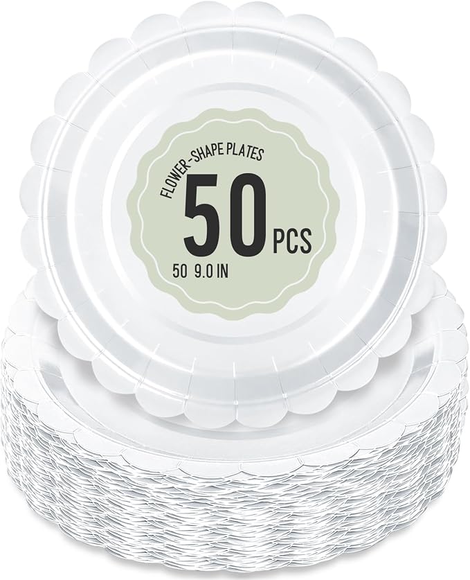 50 Pcs White Paper Plates 9 Inch Scalloped Dessert Plates by Polinook-TheAnswerToEveryClutteredSpace