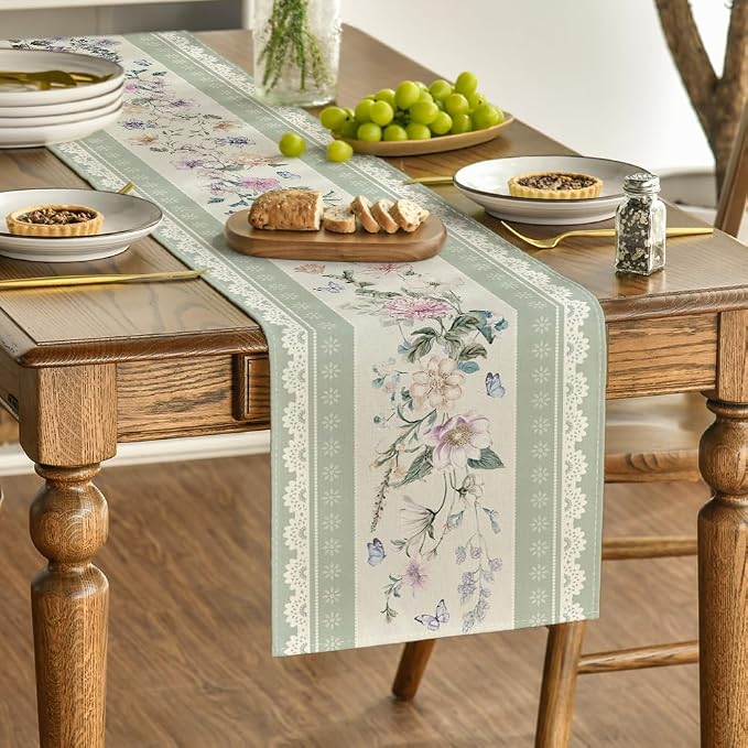 Artoid Mode Green Printed Lace Floral 210 GSM Spring Table Runner, Seasonal - Image 3