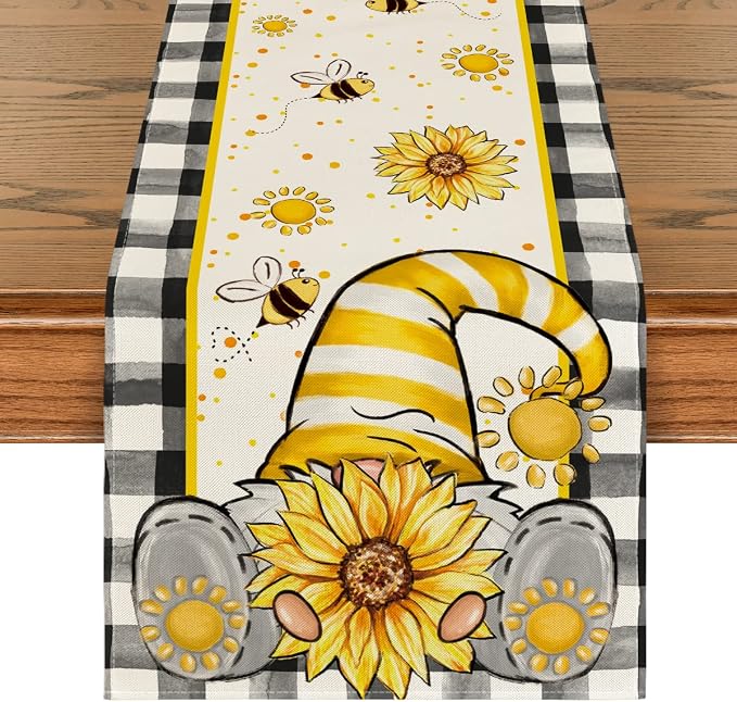 Artoid Mode Buffalo Plaid Sunflower Gnome Bee Summer Table Runner, Seasonal by ArtoidMode
