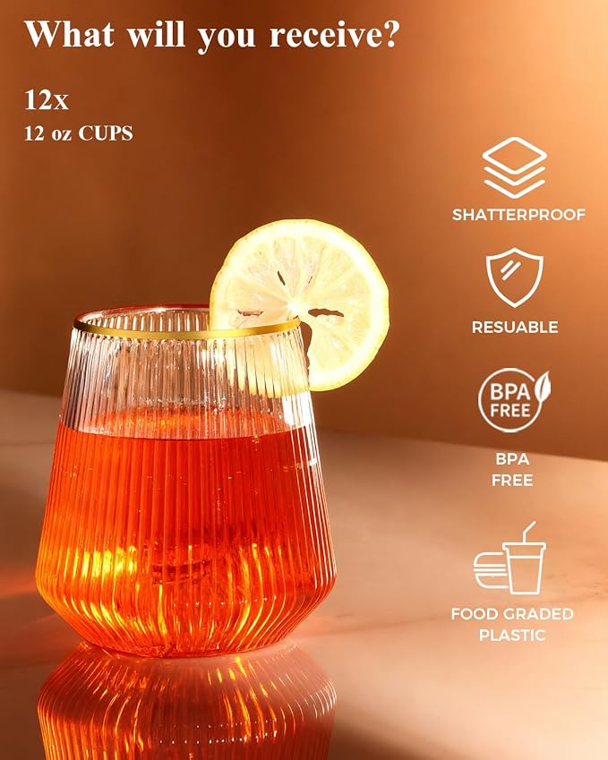 BESTSTAR 24 Pack Gold Rim Plastic Ribbed Origami Ripple Plastic Glasses | 12 9 - Image 6