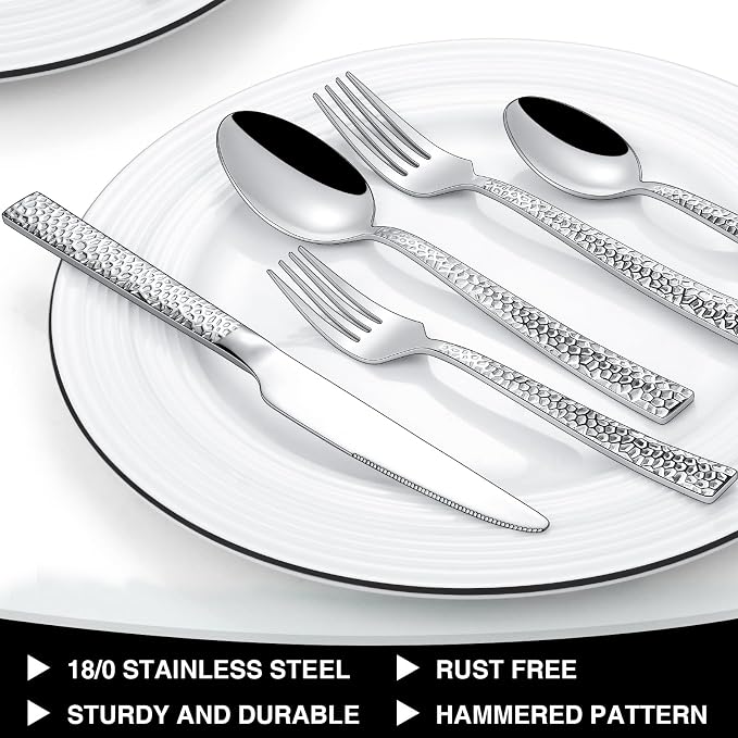 Hammered Silverware Set, 40-Piece Stainless Steel Square Flatware Set - Image 5