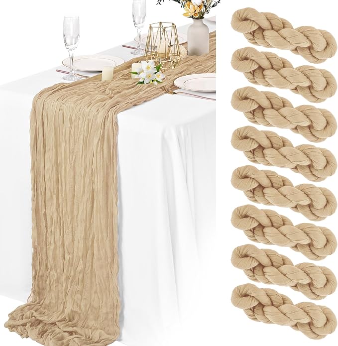 8 Pack Beige Cheesecloth Table Runner 10FT Long Boho Gauze Fabric Table Runner by Lamshionow